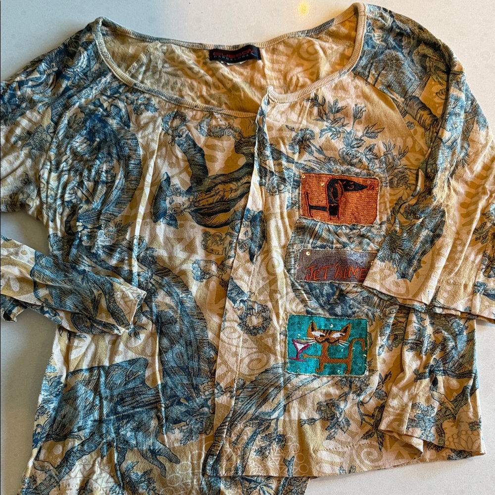 Custo Barcelona Beige and Blue Graphic Top